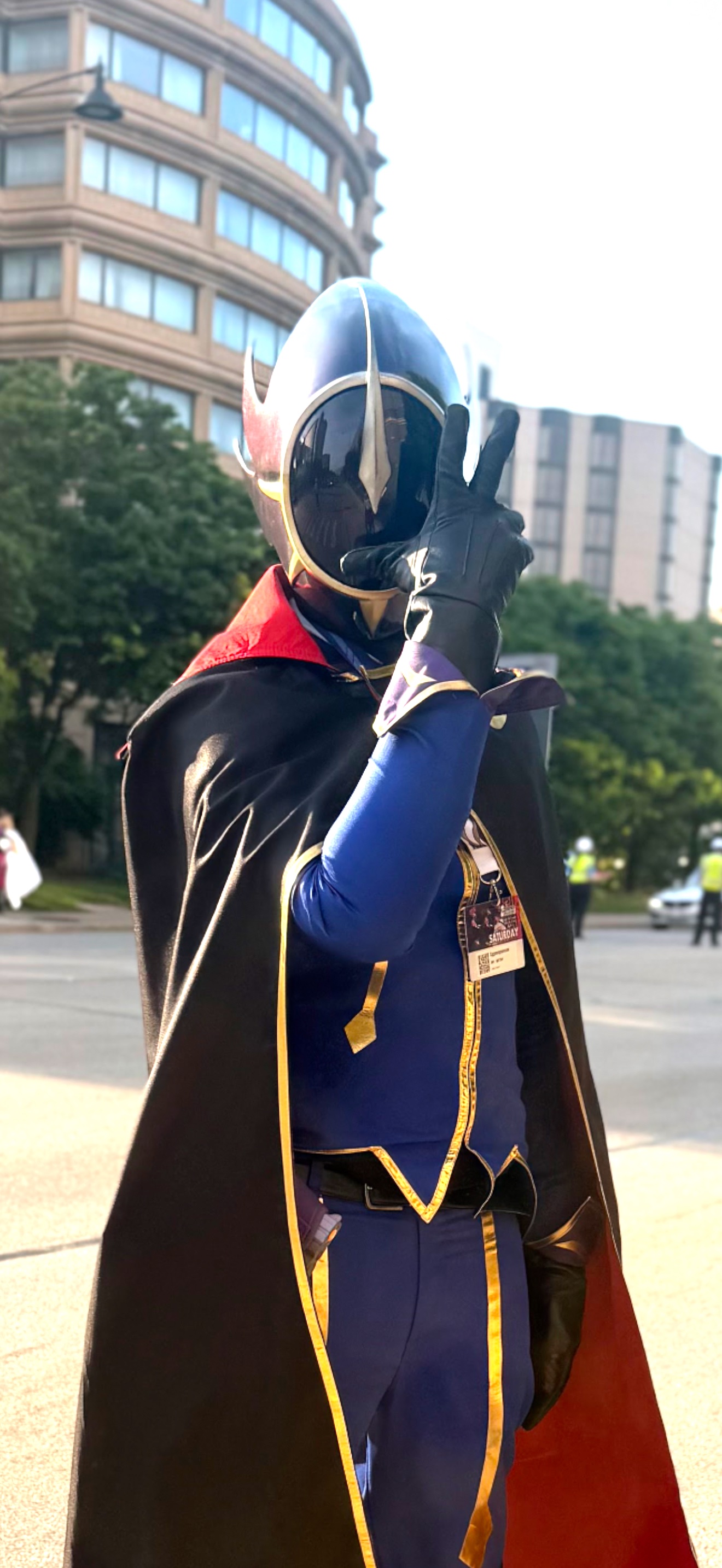 sggvengeance outdoors wearing the Zero cosplay and holding up a peace sign